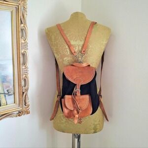 Vintage Boho Handmade Tan Leather Black Suede Backpack with Adjustable Straps